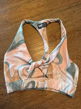 Beach Riot Marble Halter Sports Bra Pink and Sage Green